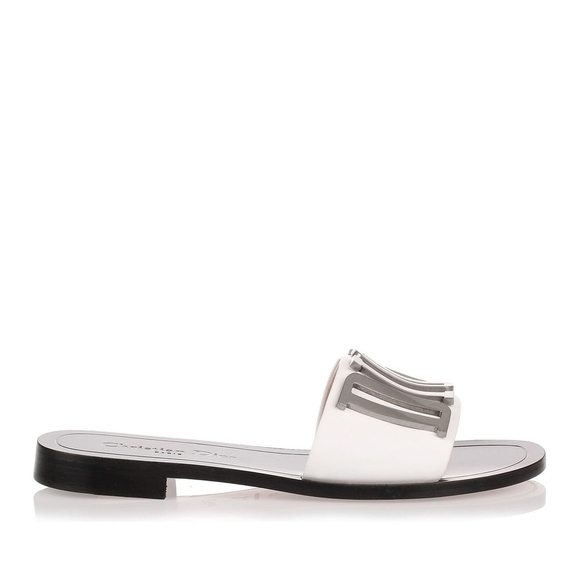 Dior Evolution White Leather Slide Flat Sandals Silver Metal Logo Size 8.5 - Picture 3 of 15